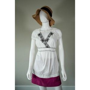 Motherhood Maternity Small Top White Blouse Black Embroidery Short Sleeve